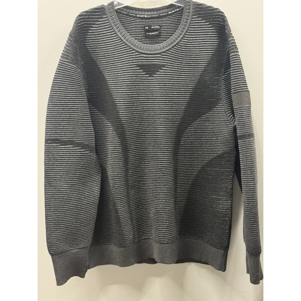 Under Armour Intelli-Knit Sweater Mens XXL Gray Ribbed Crew Neck Logo Athletic